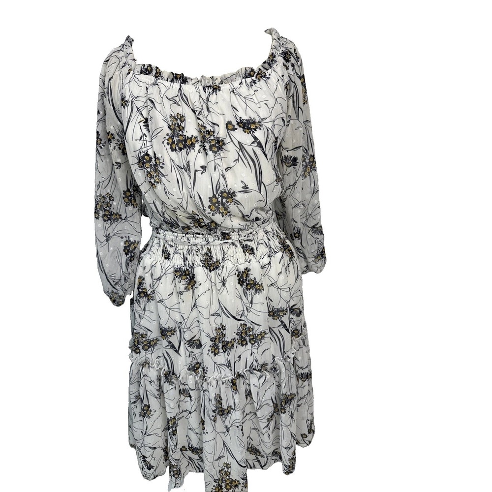 Ryan Michelle Tiered Ruffle Dress Women's Sz S Peasant Sleeves White Dark Floral
